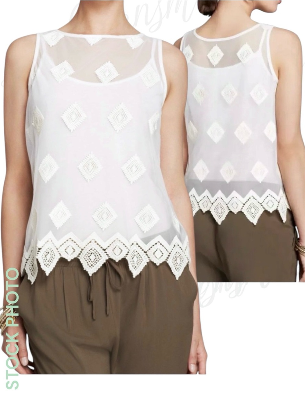 KAREN KANE Off-White / Ivory Cream Embroidered Sheer Mesh Tank Top* size SMALL